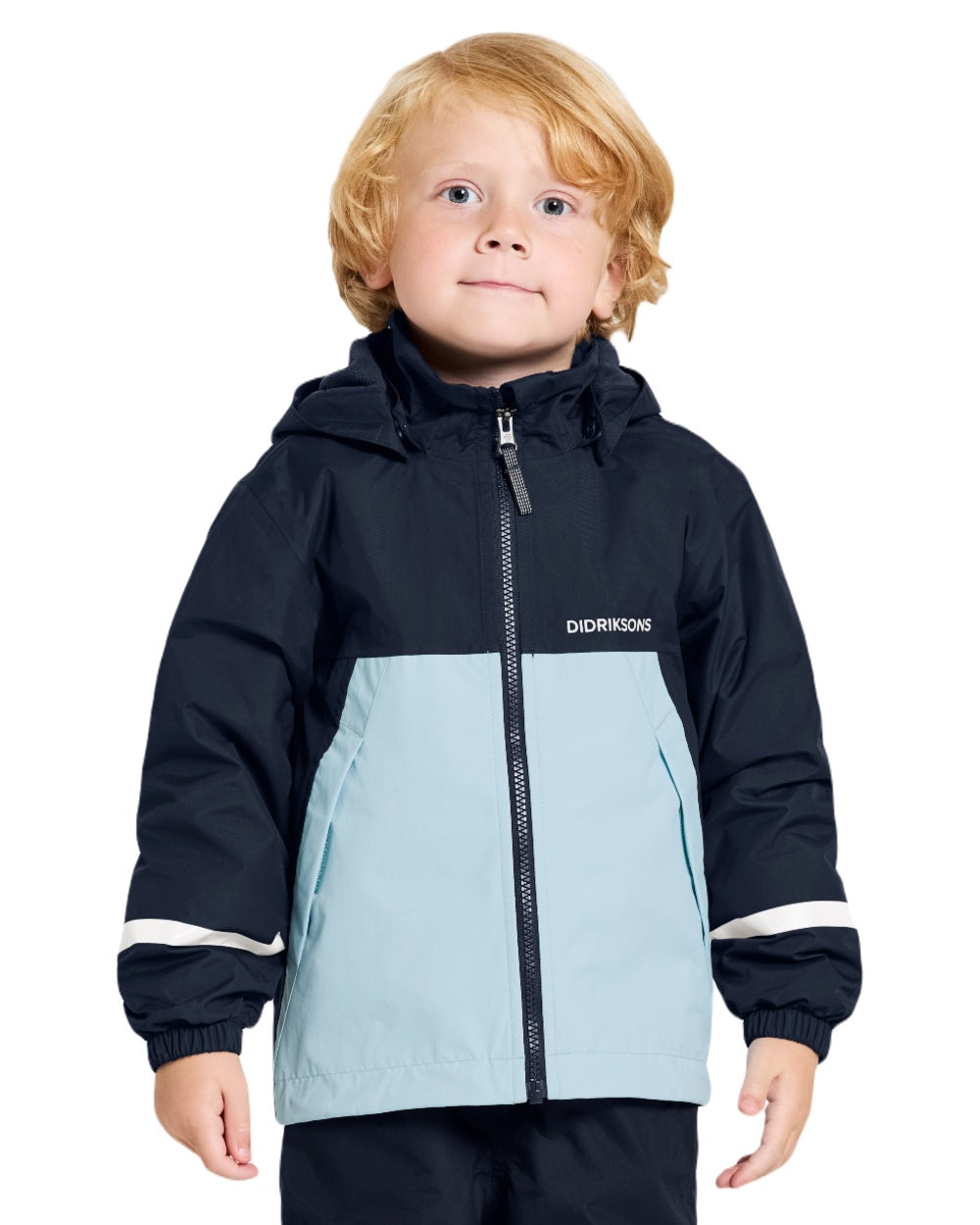Navy coloured Didriksons Childrens Bladet Jacket on white background 