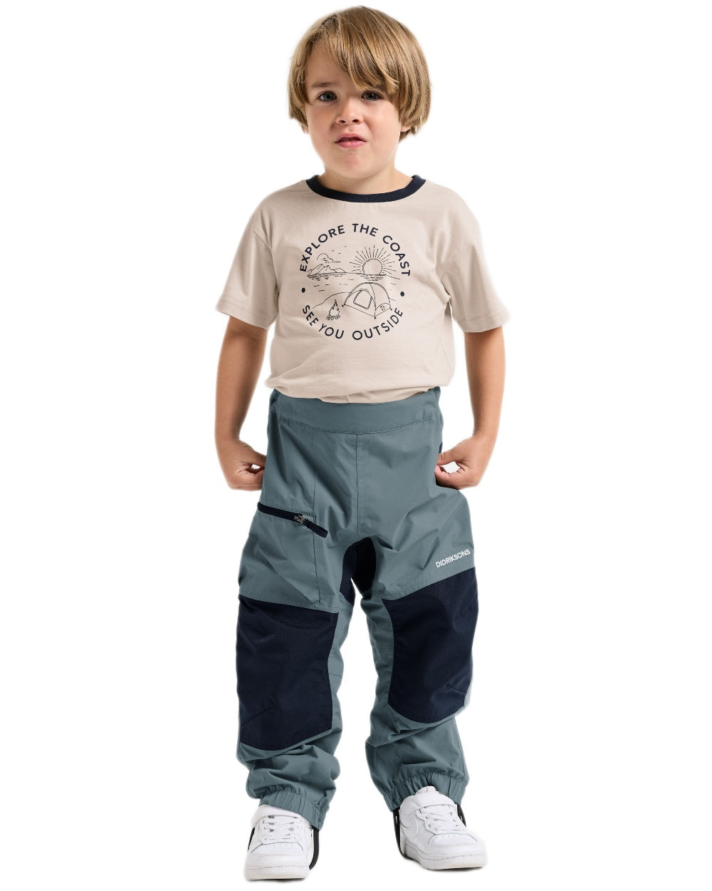 Factory Blue coloured Didriksons Childrens Dusk Pants on white background 