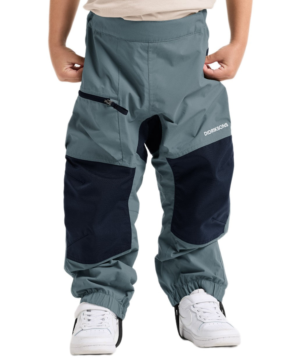 Factory Blue coloured Didriksons Childrens Dusk Pants on white background 