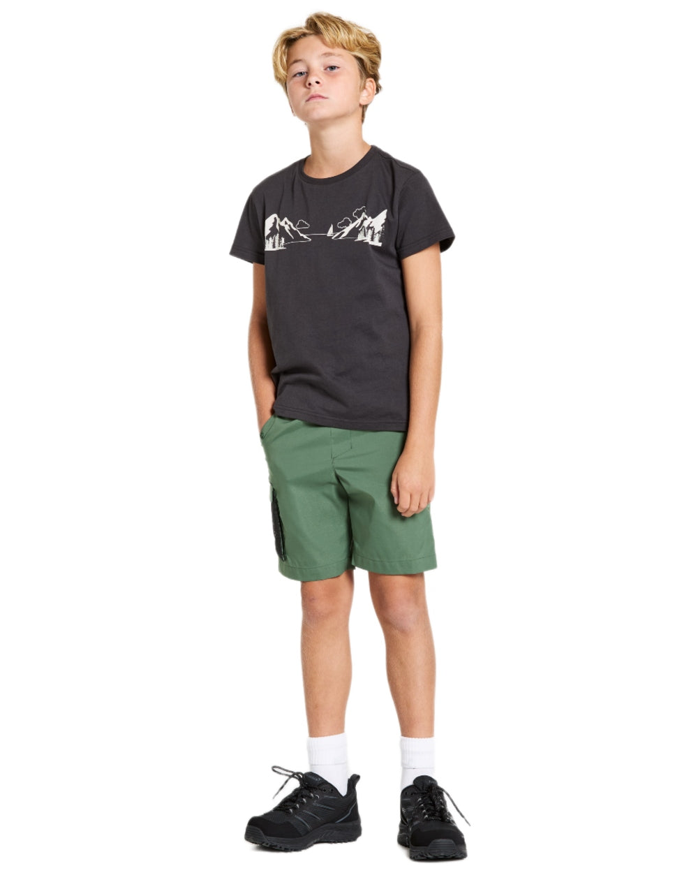 Dark Moss coloured Didriksons Childrens Eken Shorts on white background 