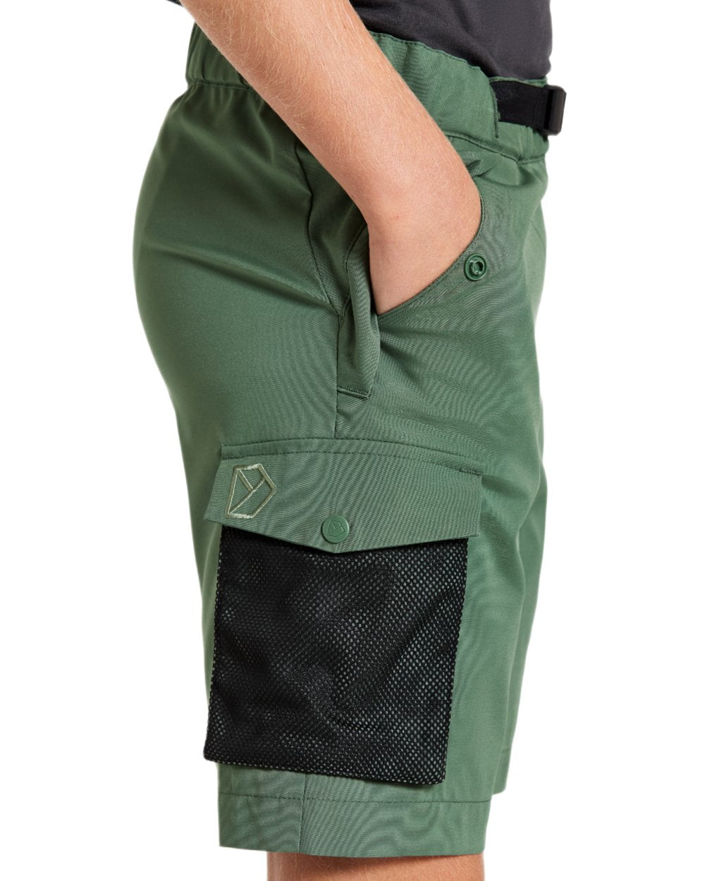 Dark Moss coloured Didriksons Childrens Eken Shorts on white background 