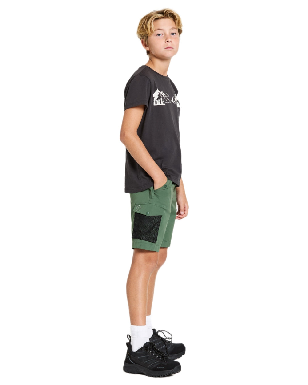 Dark Moss coloured Didriksons Childrens Eken Shorts on white background 