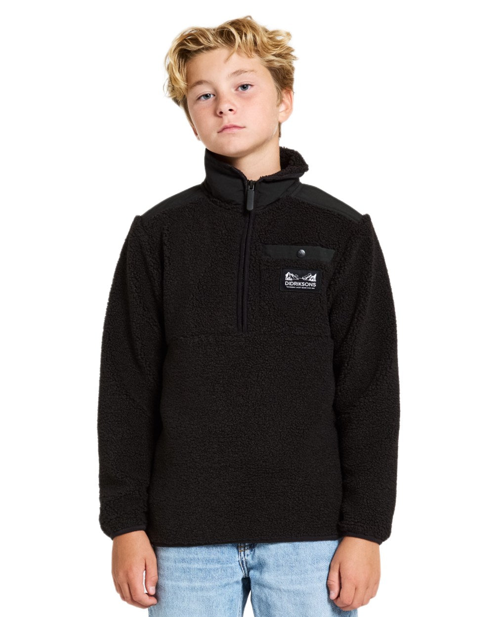 Black coloured Didriksons Childrens Exa Half Zip Sweater on white background 