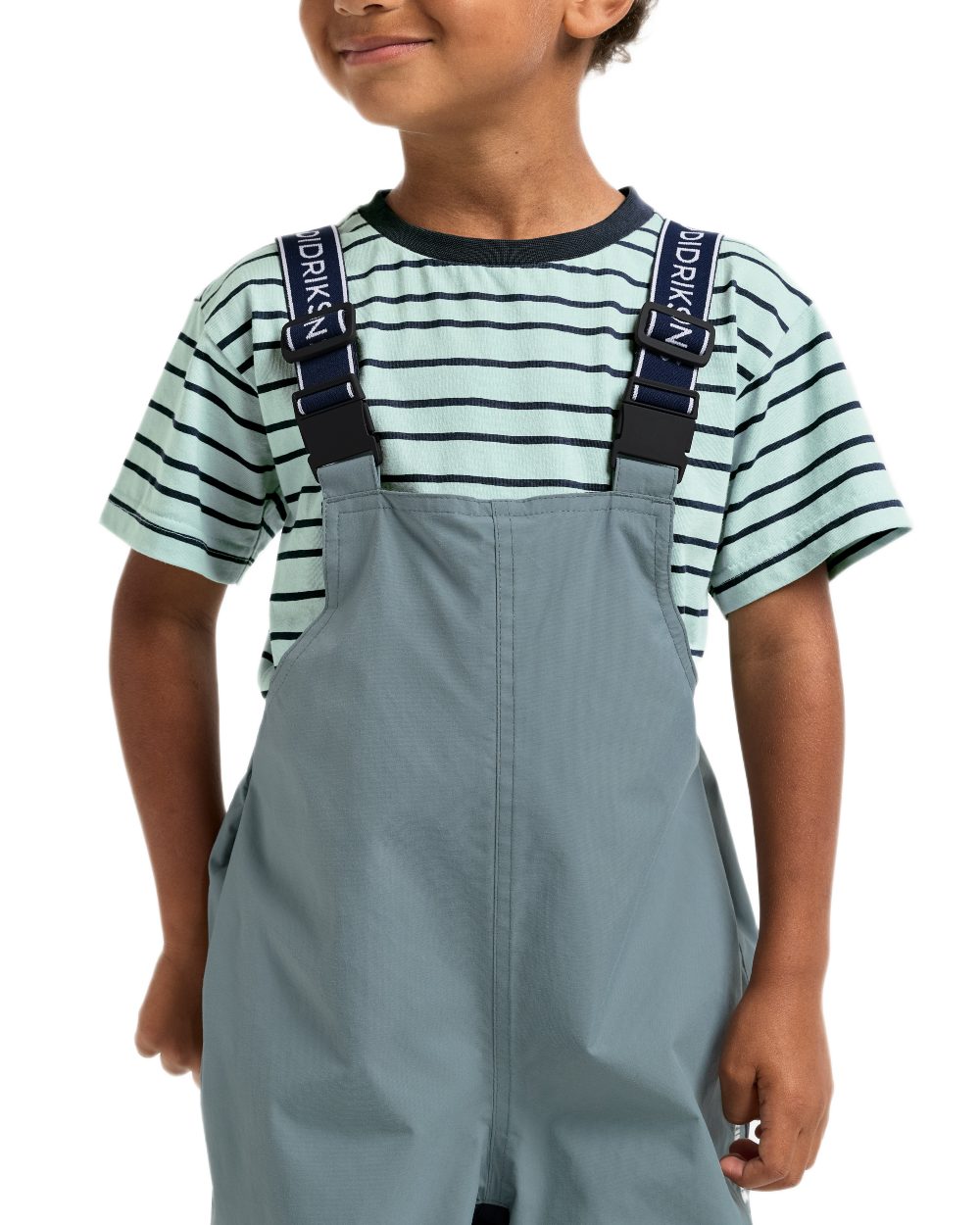 Factory Blue coloured Didriksons Childrens Foxen Bib Pants on white background 