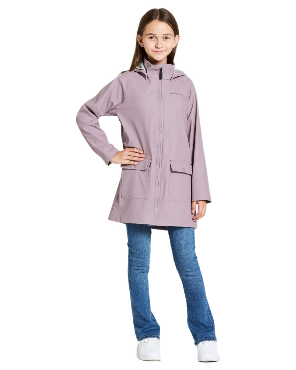 Dusty Lilac coloured Didriksons Childrens Giga Jacket on white background 