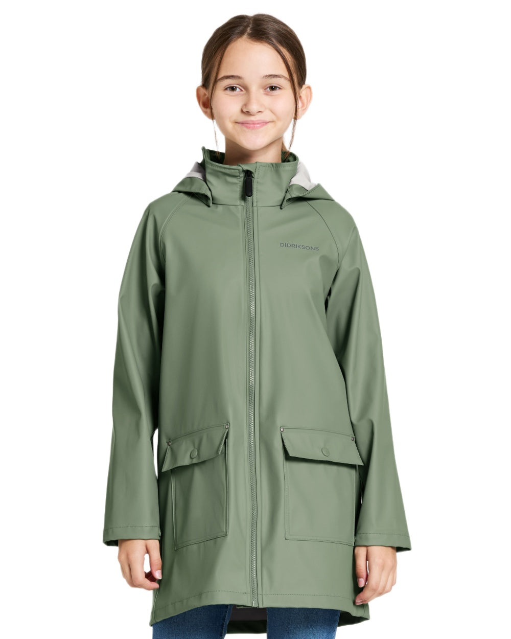 Light Moss coloured Didriksons Childrens Giga Jacket on white background 
