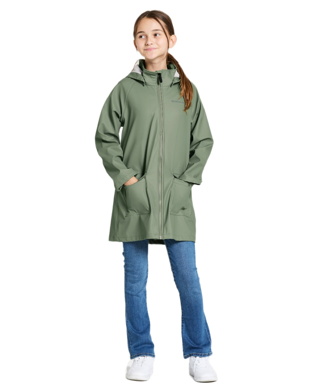 Light Moss coloured Didriksons Childrens Giga Jacket on white background 