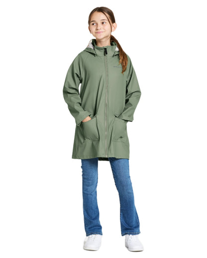 Light Moss coloured Didriksons Childrens Giga Jacket on white background 