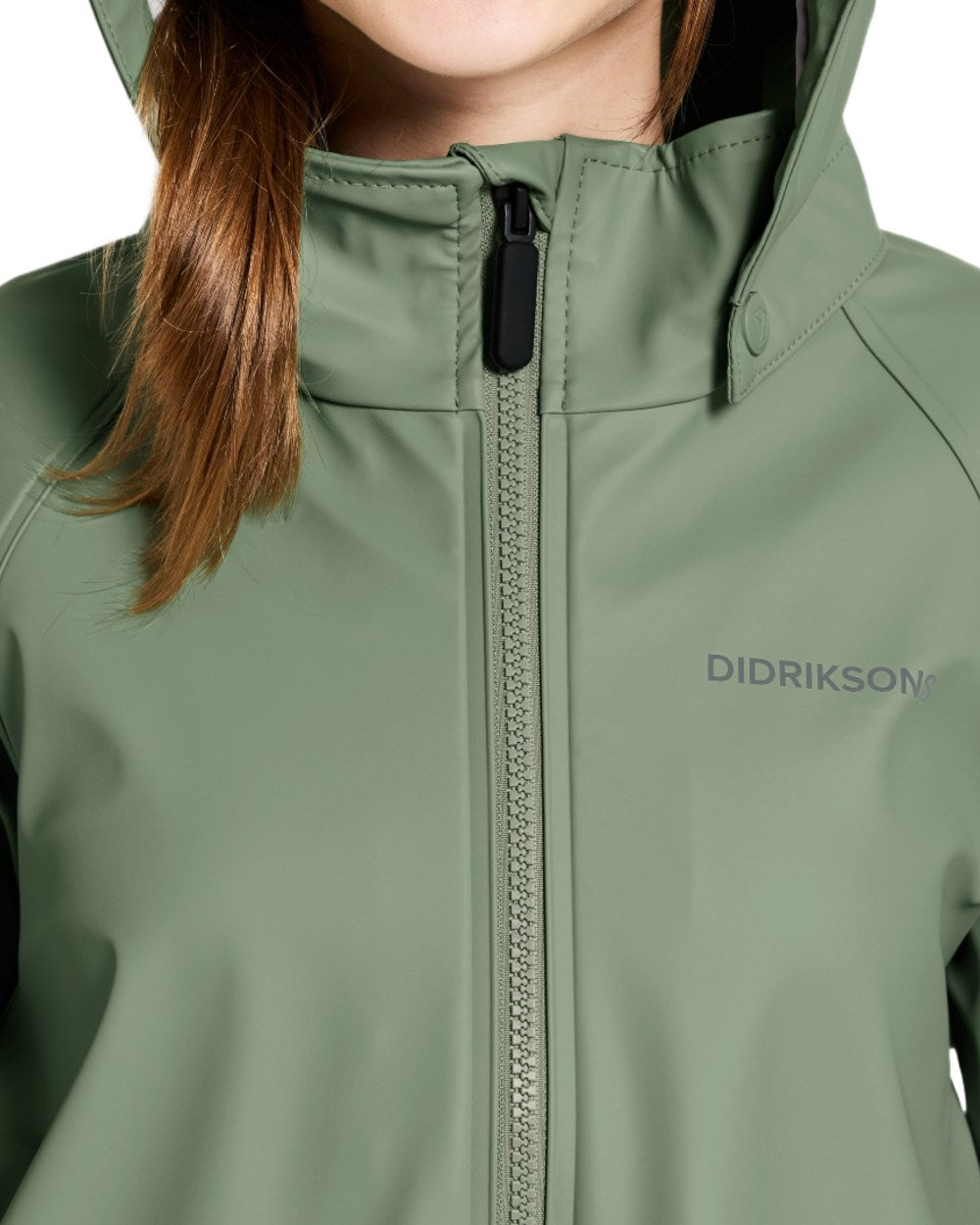 Light Moss coloured Didriksons Childrens Giga Jacket on white background 