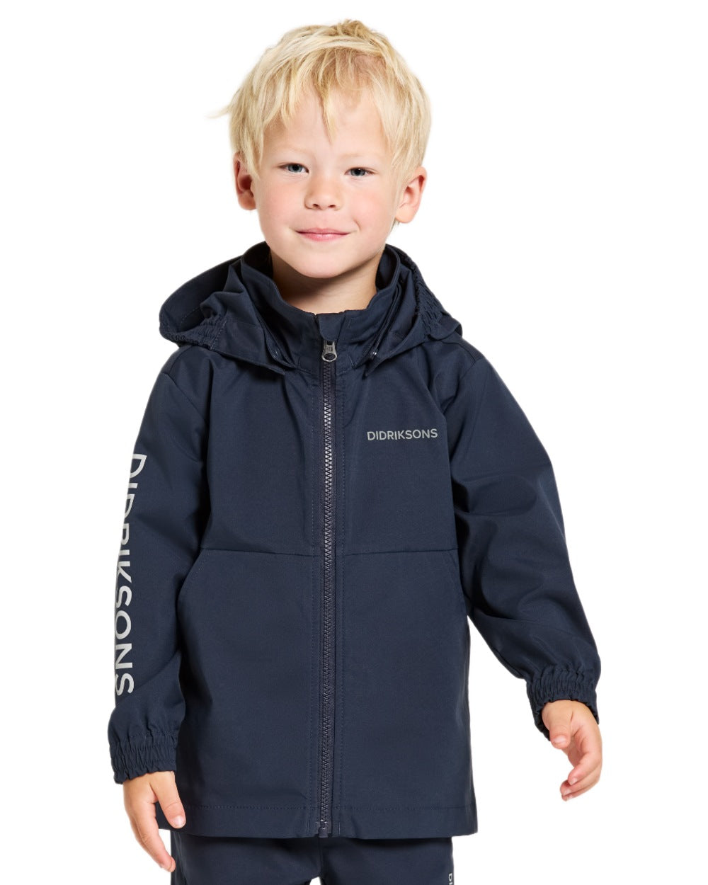 Navy coloured Didriksons Childrens Hallon Jacket on white background 
