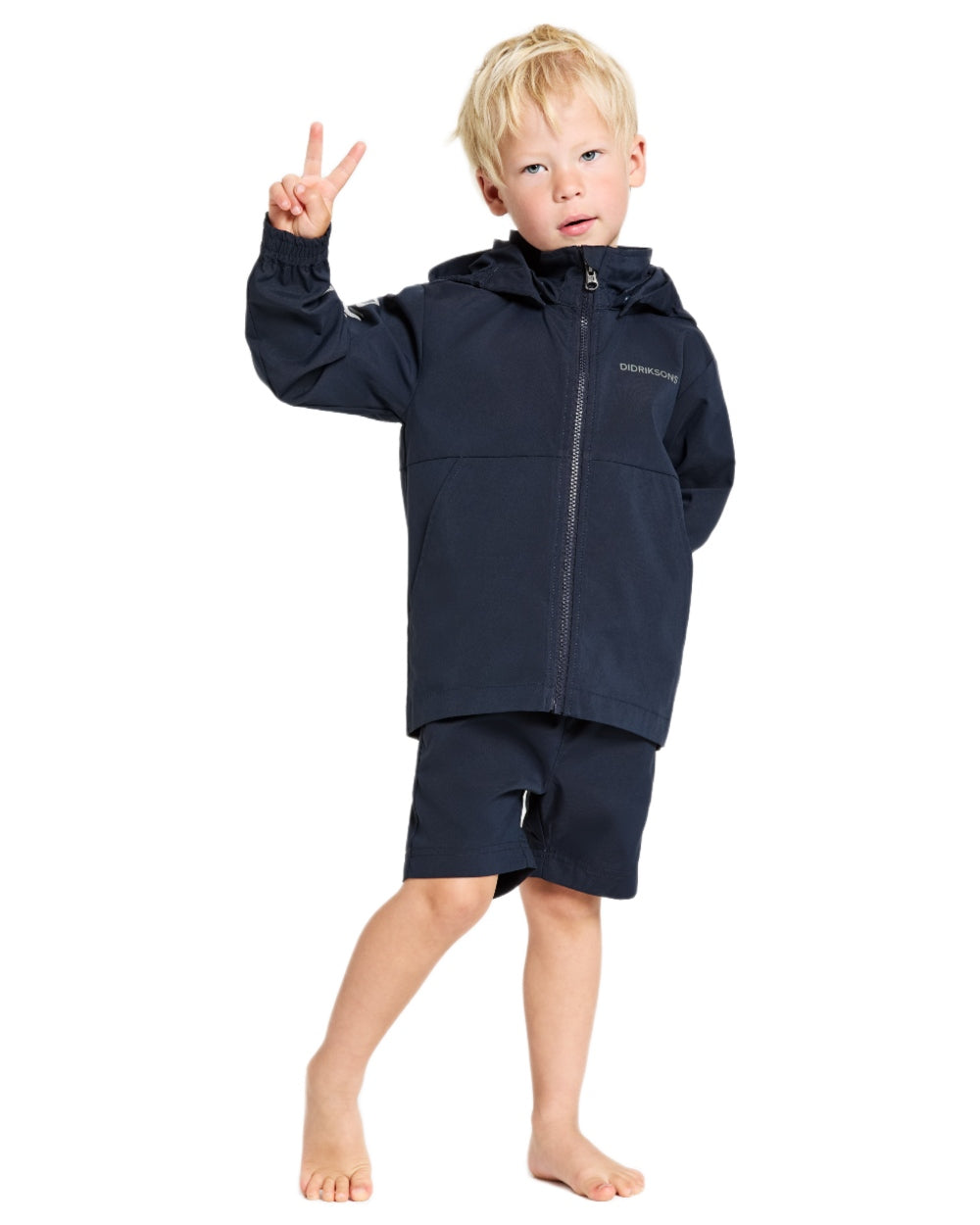 Navy coloured Didriksons Childrens Hallon Jacket on white background 
