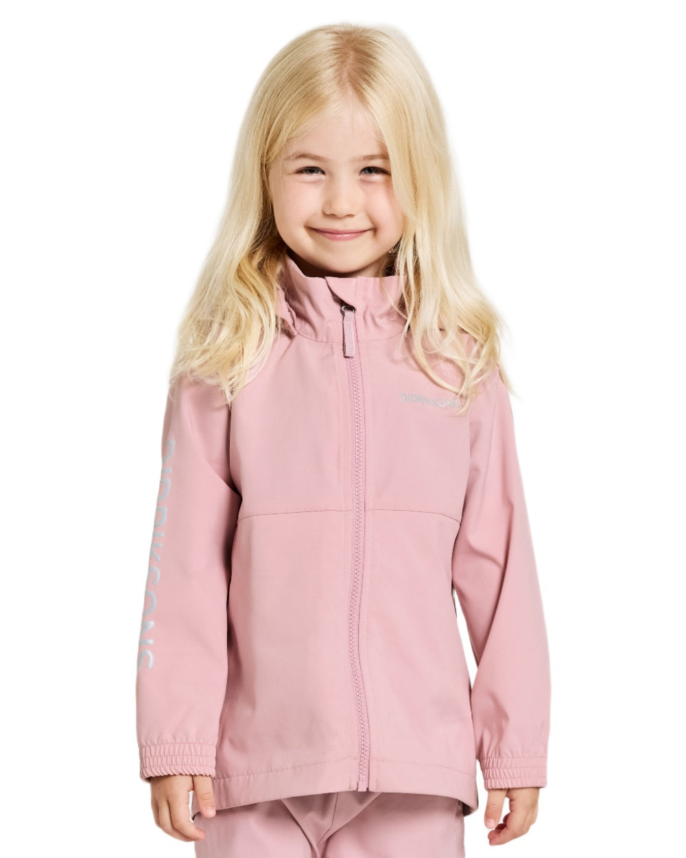 Soft Pink coloured Didriksons Childrens Hallon Jacket on white background 