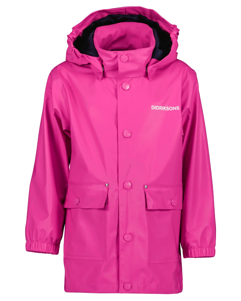 Plastic Pink coloured Didriksons Childrens Jojo Jacket on white background 