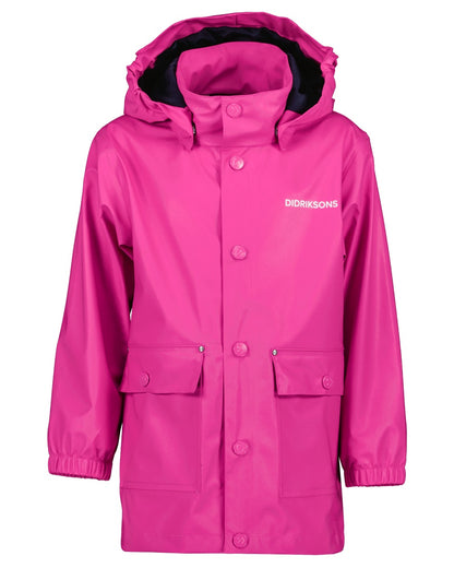 Plastic Pink coloured Didriksons Childrens Jojo Jacket on white background 