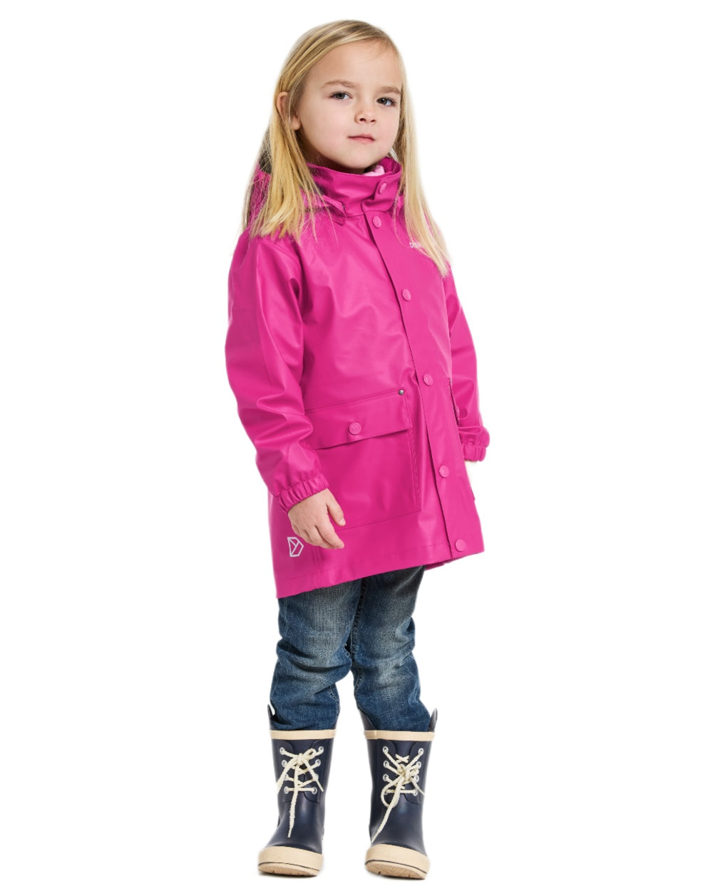 Plastic Pink coloured Didriksons Childrens Jojo Jacket on white background 