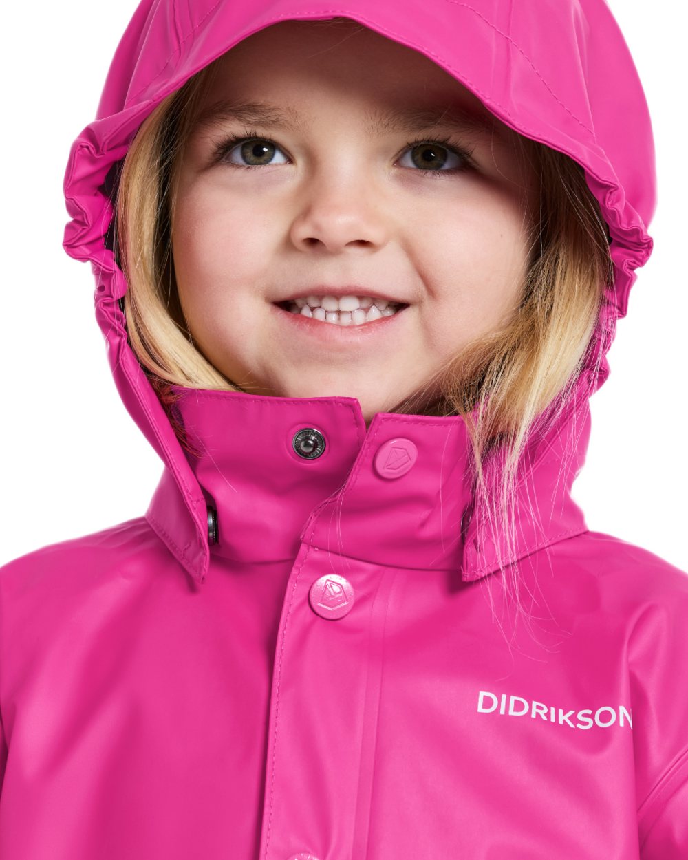 Plastic Pink coloured Didriksons Childrens Jojo Jacket on white background 