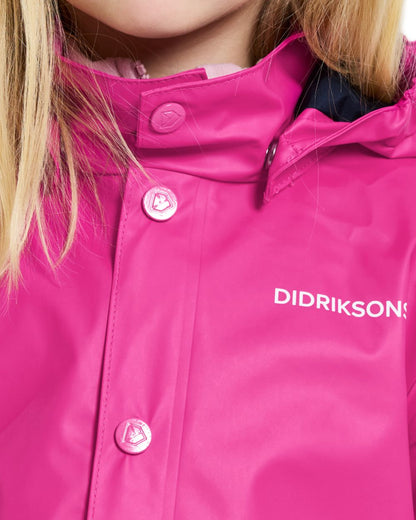 Plastic Pink coloured Didriksons Childrens Jojo Jacket on white background 