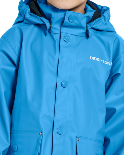Sharp Blue coloured Didriksons Childrens Jojo Jacket on white background 