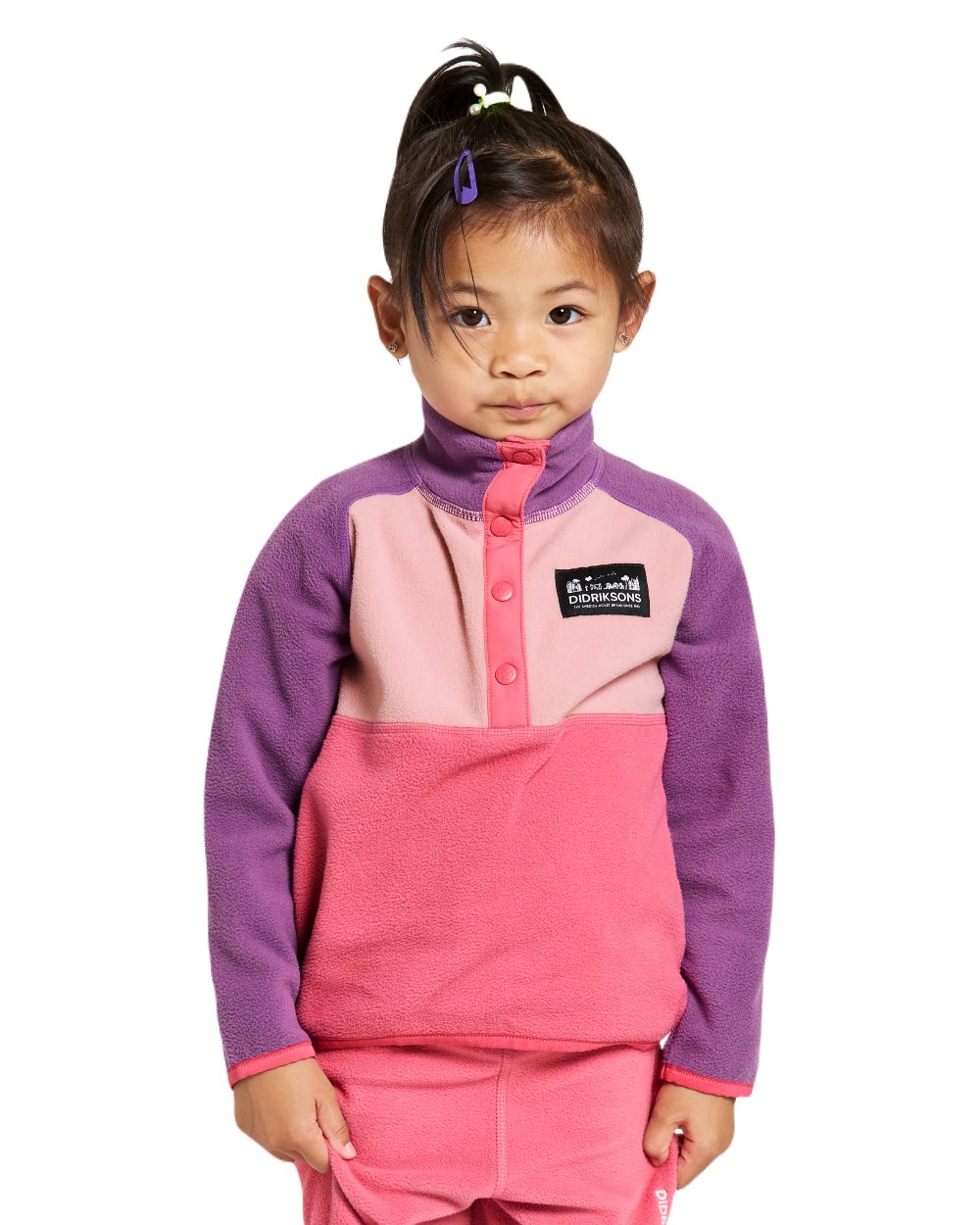 Dusty Azalea coloured Didriksons Childrens Monte Half Button Fleece 4 on white background 