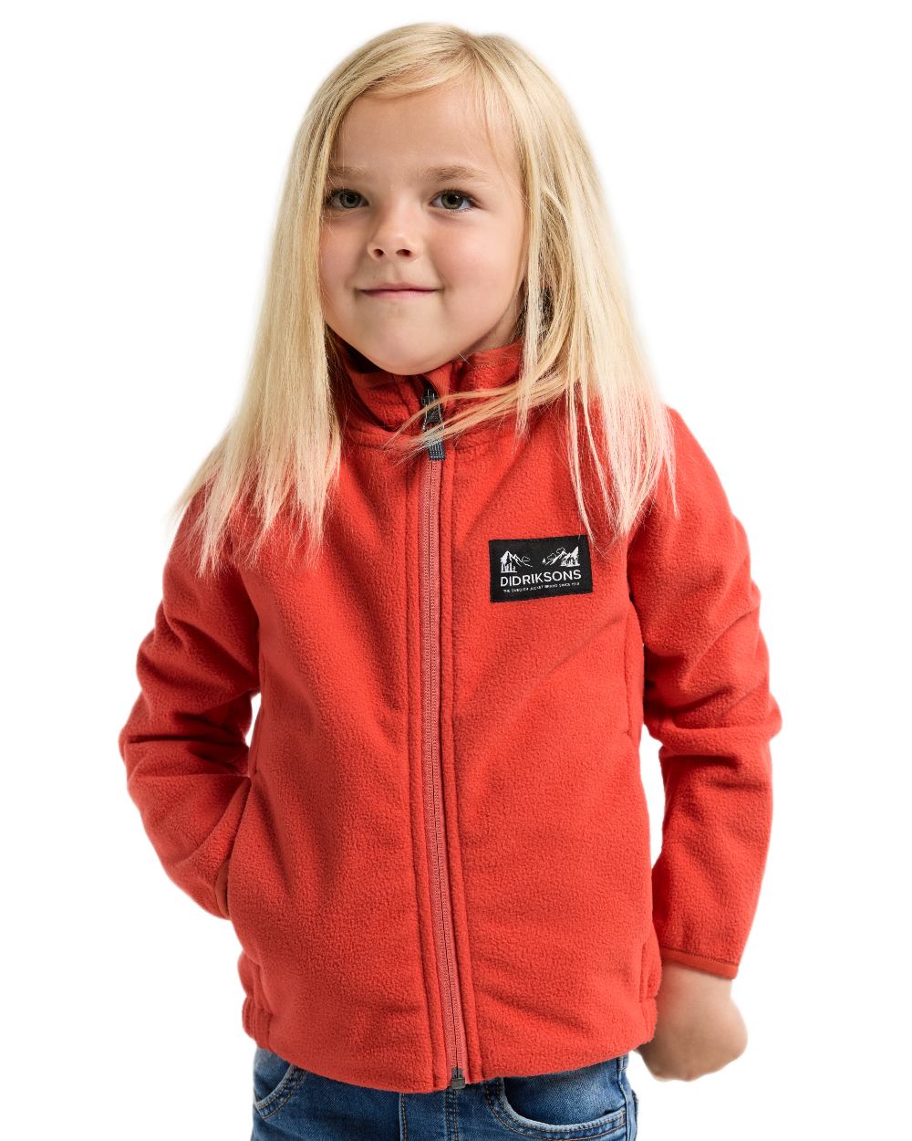 Paprika coloured Didriksons Childrens Muskot Jacket on white background 