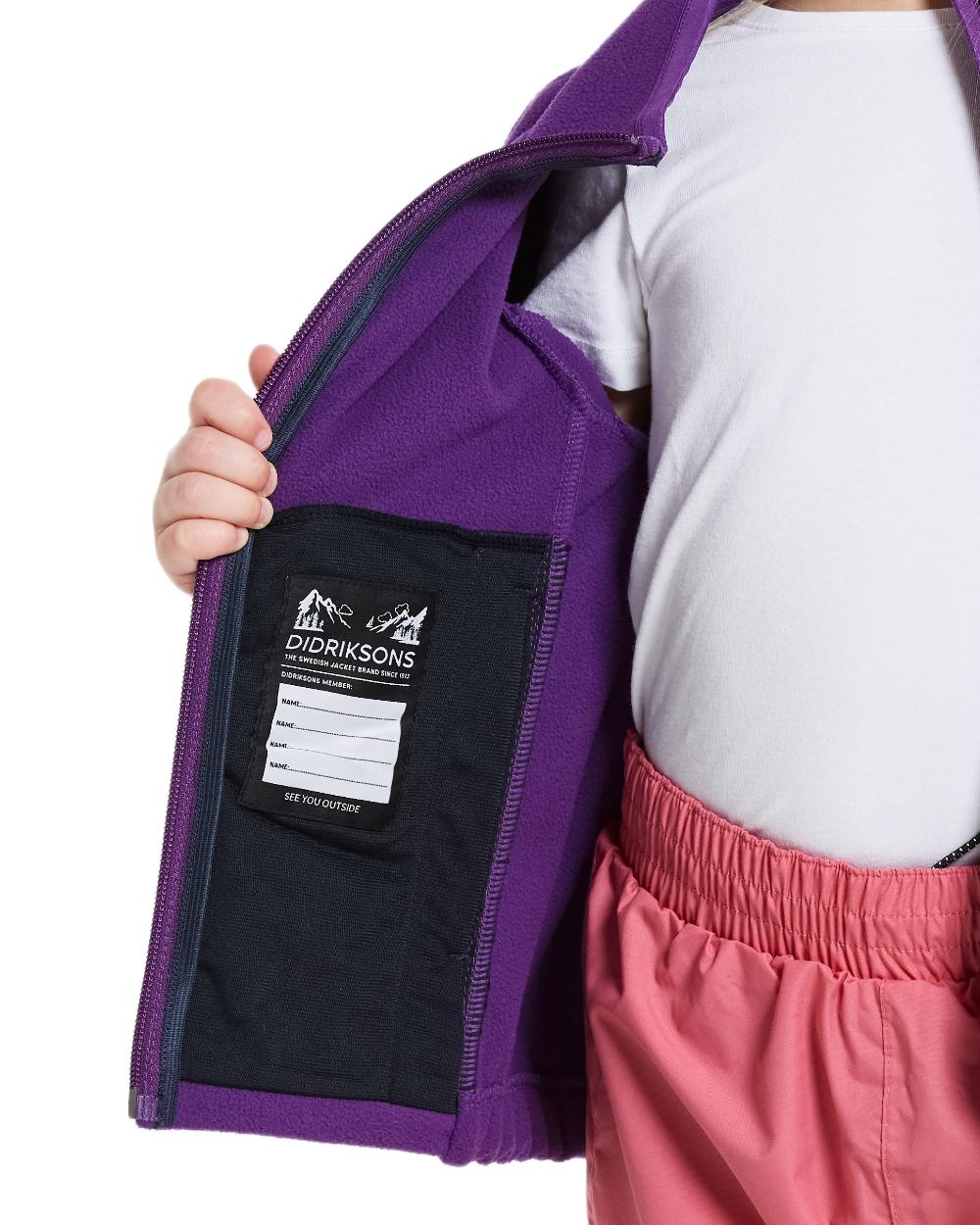 Royal Purple coloured Didriksons Childrens Muskot Jacket on white background 