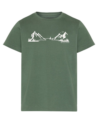 Dark Moss coloured Didriksons Childrens Mynta Explore Logo T-Shirt on white background 