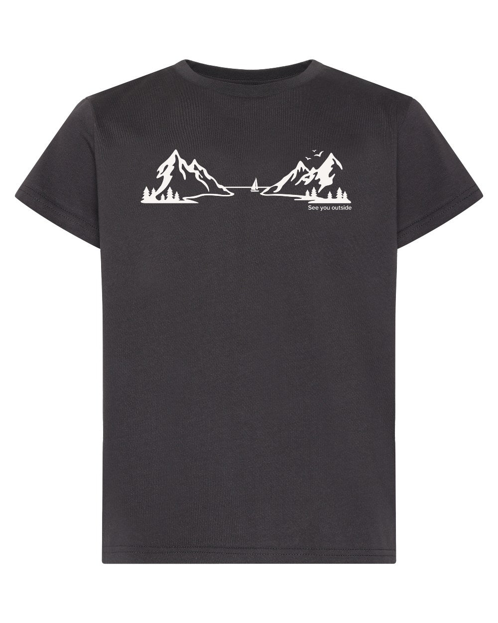 Graphite coloured Didriksons Childrens Mynta Explore Logo T-Shirt on white background 