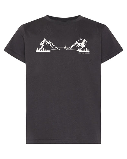 Graphite coloured Didriksons Childrens Mynta Explore Logo T-Shirt on white background 