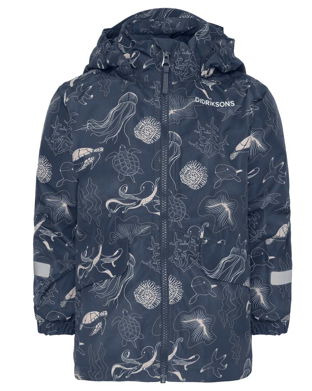 Ocean Navy coloured Didriksons Childrens Norma Printed Jacket on white background 