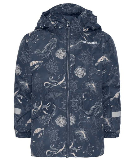 Ocean Navy coloured Didriksons Childrens Norma Printed Jacket on white background 