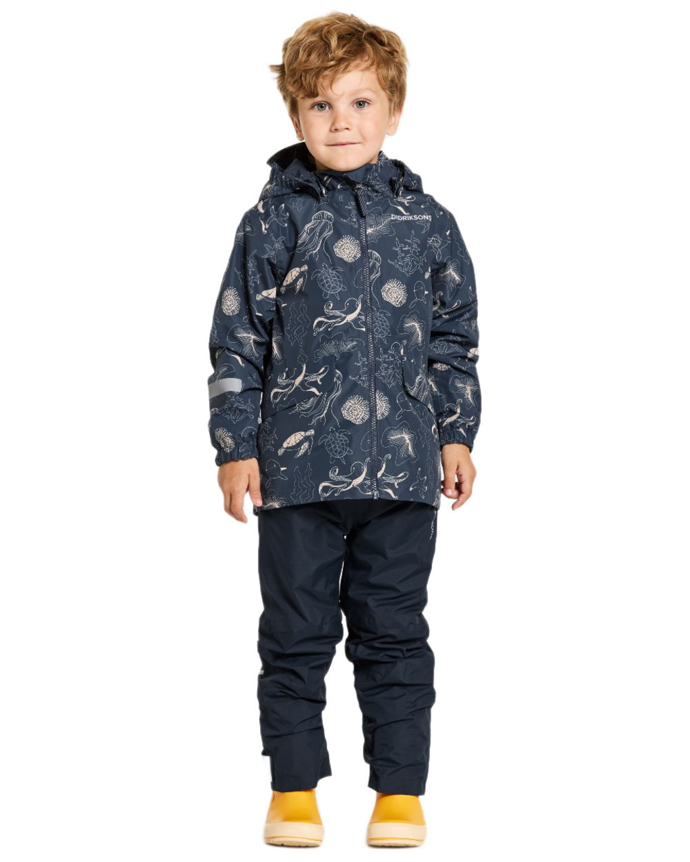 Ocean Navy coloured Didriksons Childrens Norma Printed Jacket on white background 