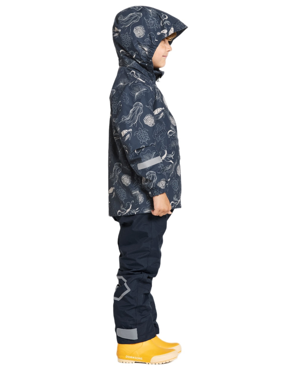 Ocean Navy coloured Didriksons Childrens Norma Printed Jacket on white background 