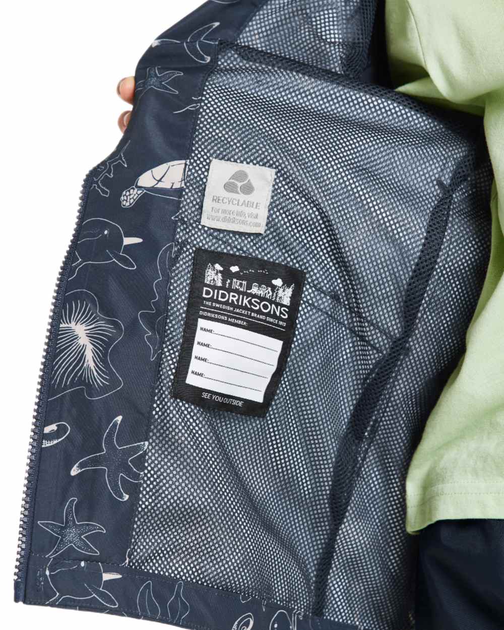 Ocean Navy coloured Didriksons Childrens Norma Printed Jacket on white background 
