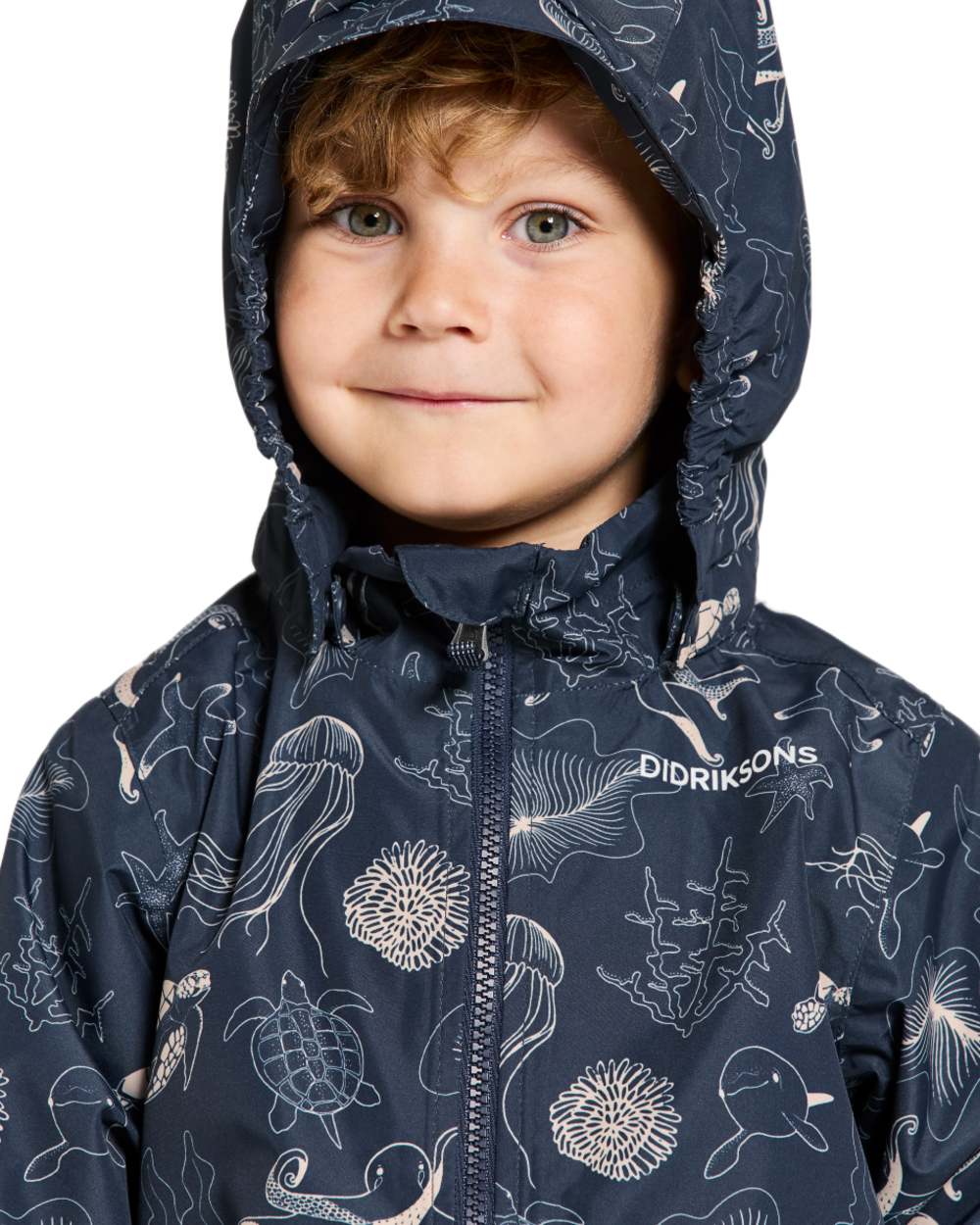 Ocean Navy coloured Didriksons Childrens Norma Printed Jacket on white background 