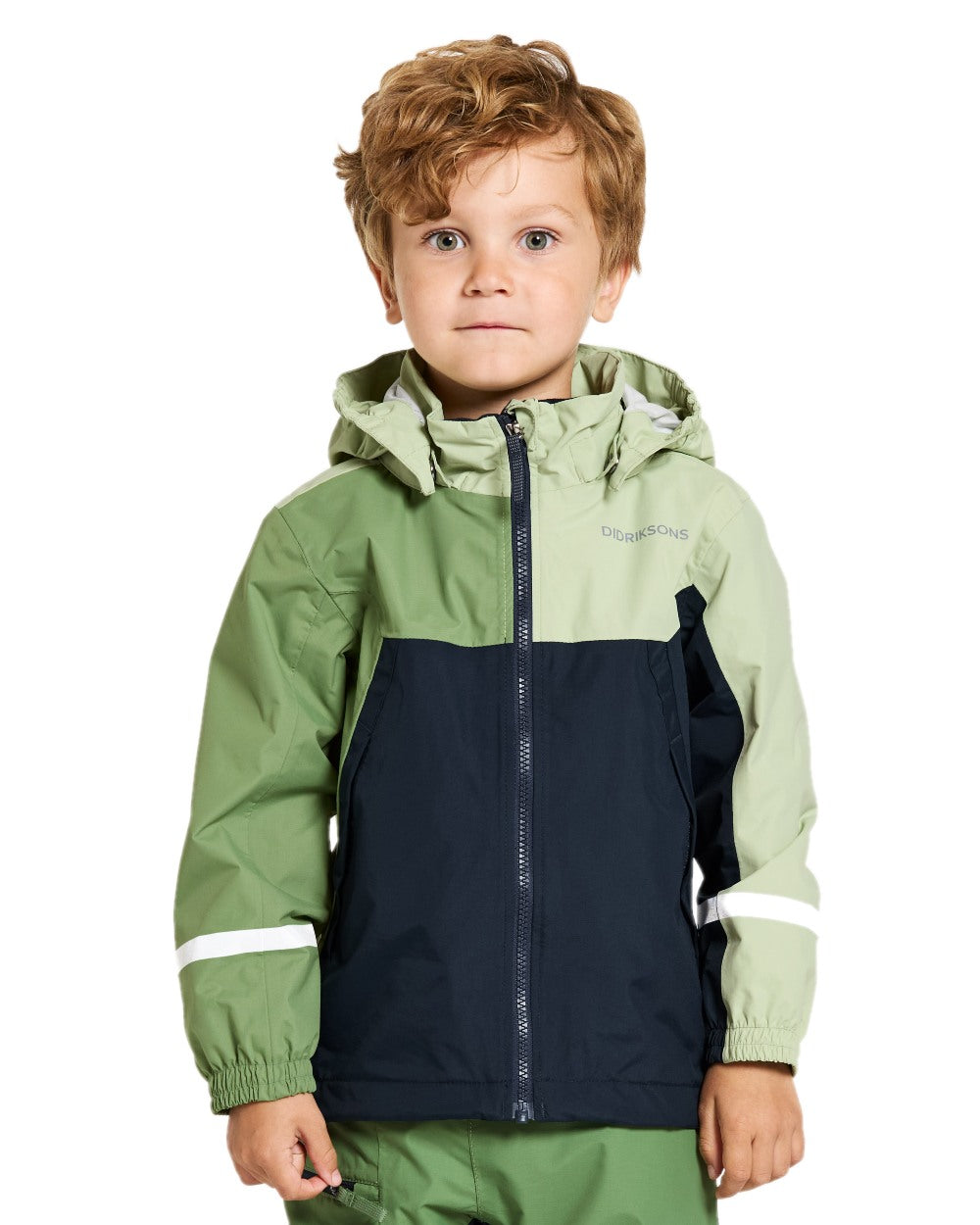 Light Algae Green coloured Didriksons Childrens Pilvi Jacket on white background 