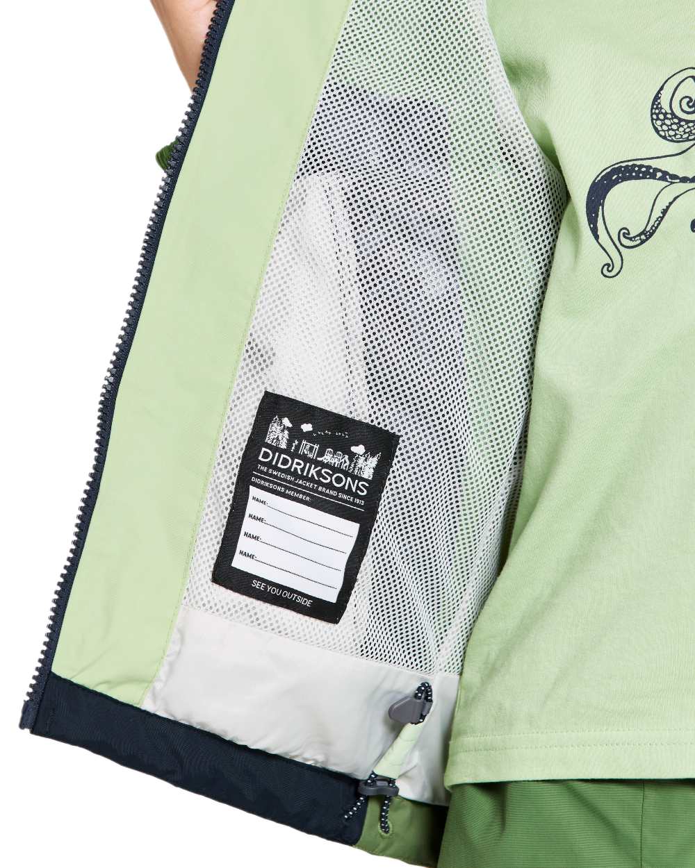 Light Algae Green coloured Didriksons Childrens Pilvi Jacket on white background 