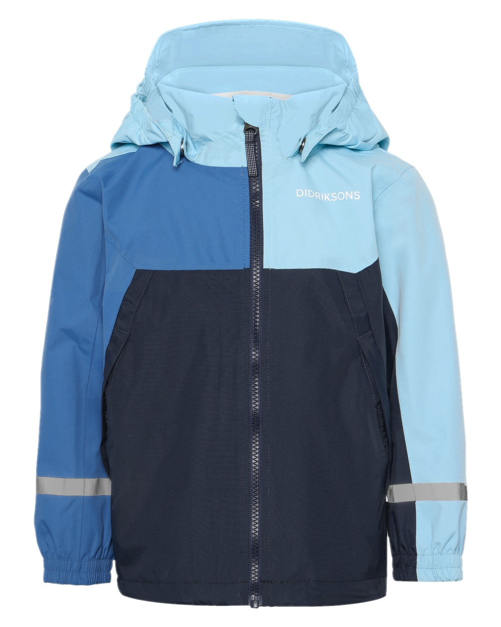 Light Sea Blue coloured Didriksons Childrens Pilvi Jacket on white background 
