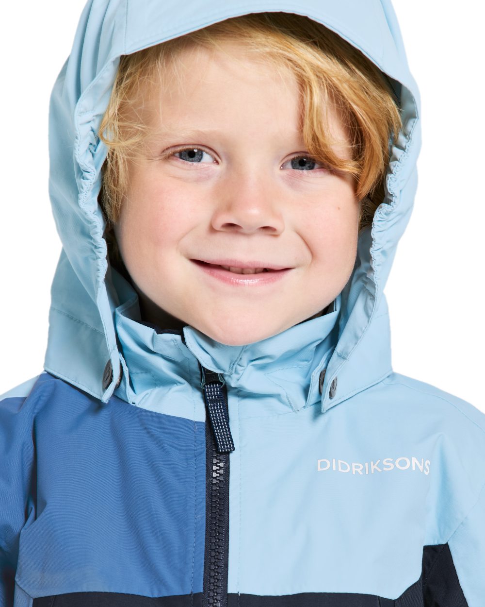 Light Sea Blue coloured Didriksons Childrens Pilvi Jacket on white background 