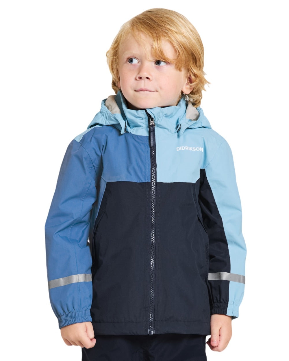 Light Sea Blue coloured Didriksons Childrens Pilvi Jacket on white background 