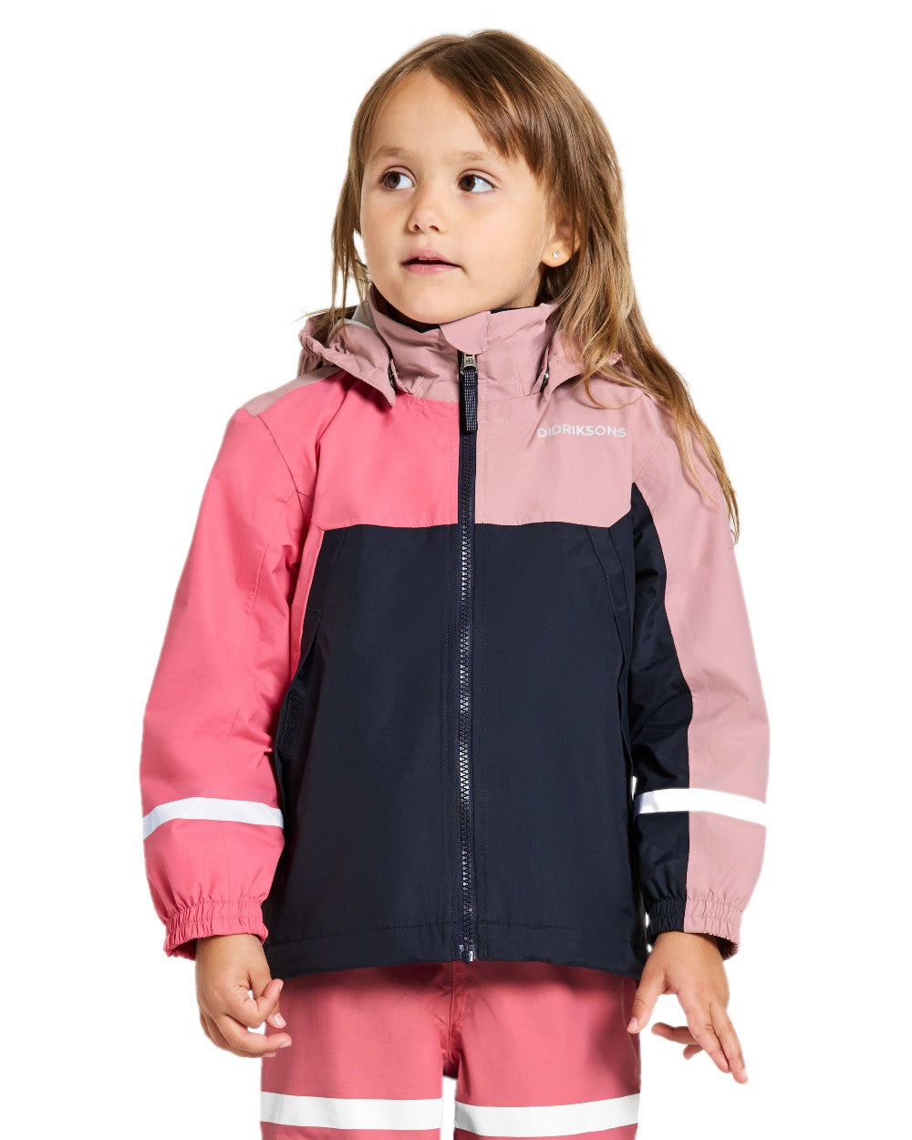 Soft Pink coloured Didriksons Childrens Pilvi Jacket on white background 
