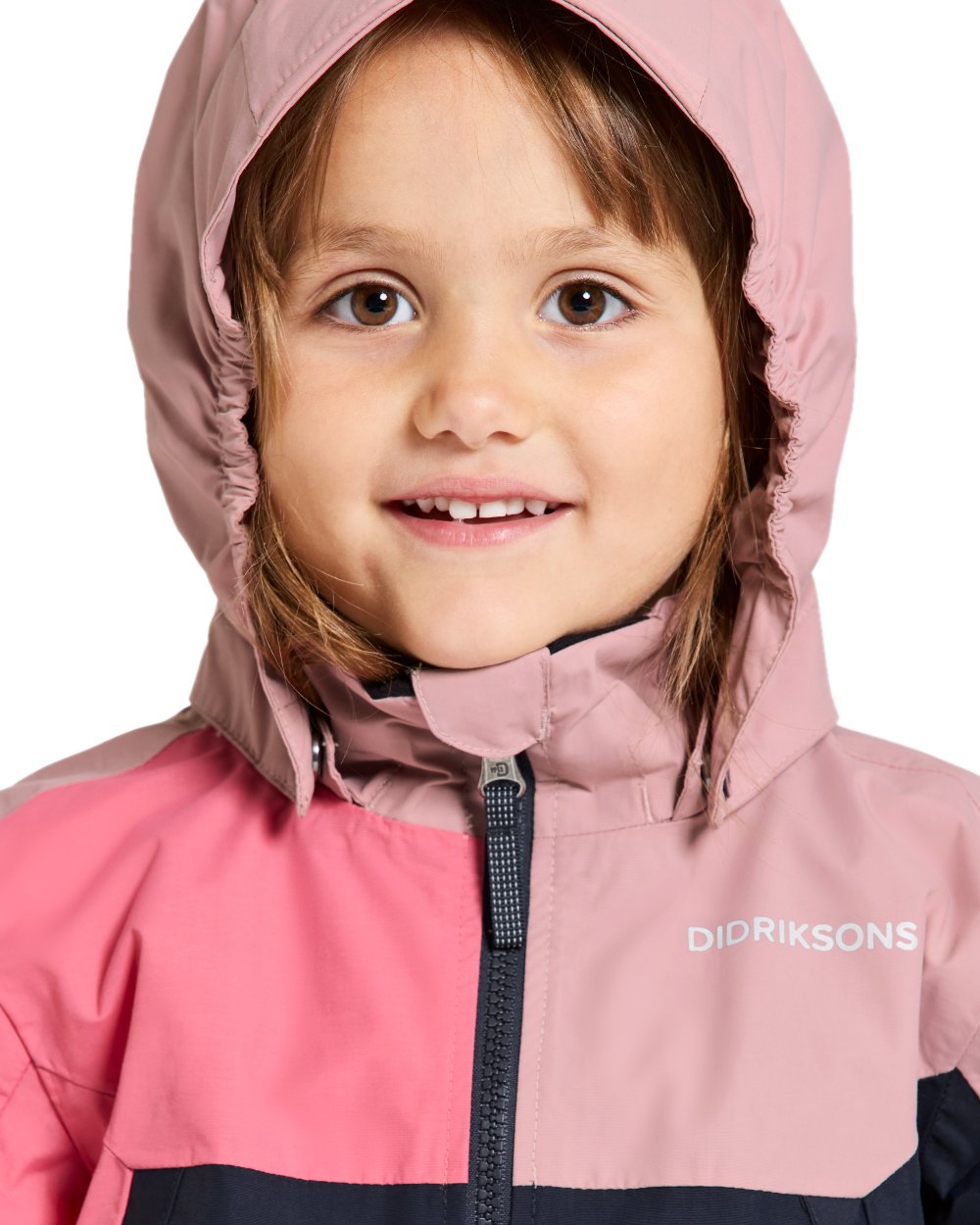 Soft Pink coloured Didriksons Childrens Pilvi Jacket on white background 