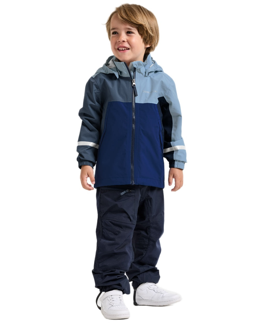Blue Fog coloured Didriksons Childrens Pilvi Waterproof Jacket on white background 