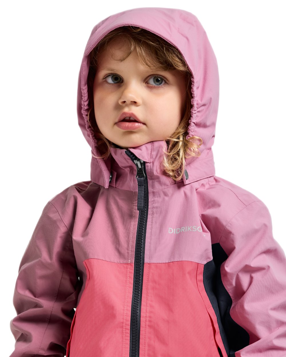 Heather Pink coloured Didriksons Childrens Pilvi Waterproof Jacket on white background 