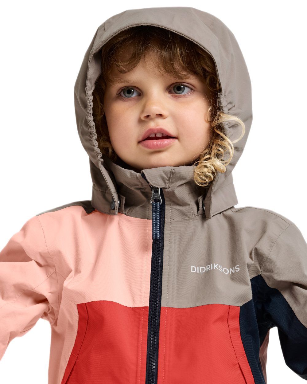 Powder Peach coloured Didriksons Childrens Pilvi Waterproof Jacket on white background 