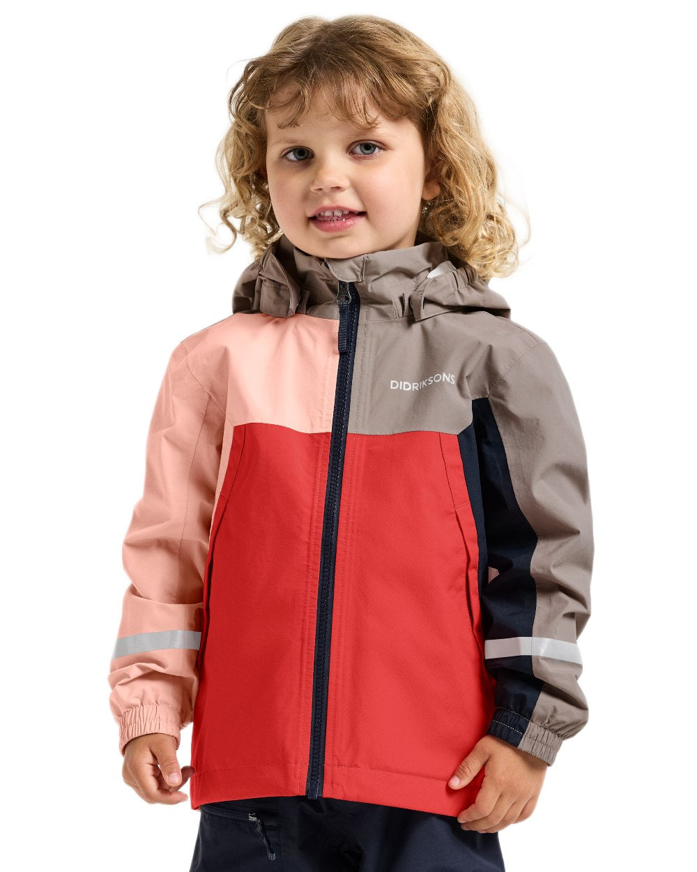 Powder Peach coloured Didriksons Childrens Pilvi Waterproof Jacket on white background 