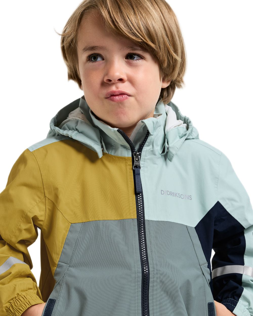 Yellow Pollen coloured Didriksons Childrens Pilvi Waterproof Jacket on white background 