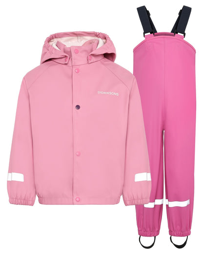 Light Heather Pink coloured Didriksons Childrens Slaskeman Rain Set 2 on white background 
