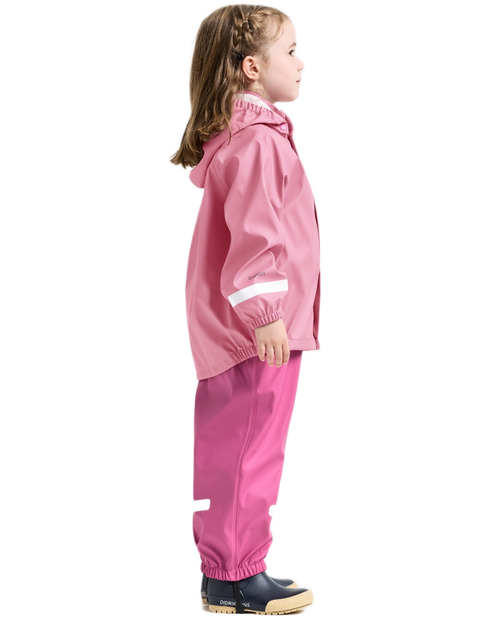 Light Heather Pink coloured Didriksons Childrens Slaskeman Rain Set 2 on white background 