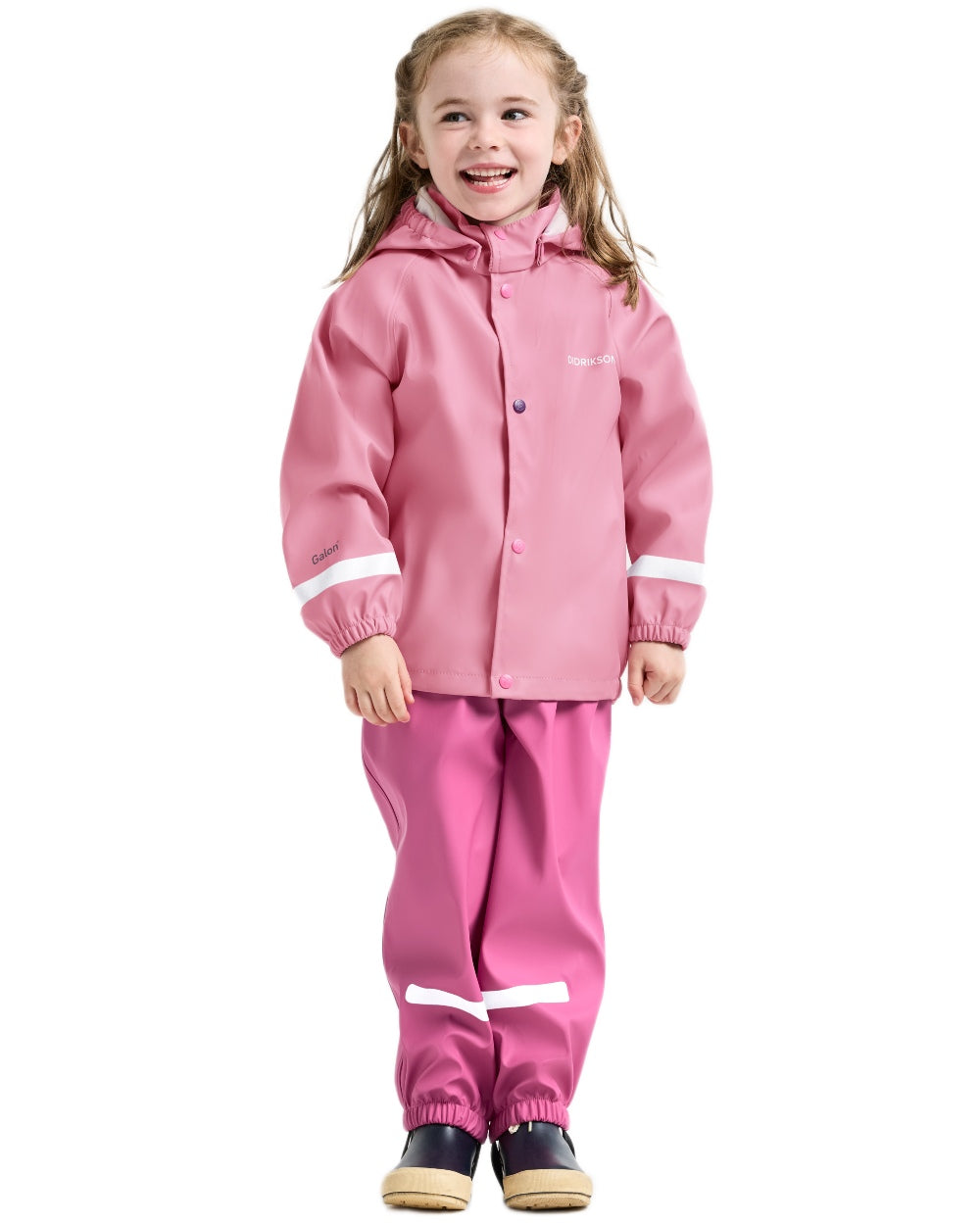 Light Heather Pink coloured Didriksons Childrens Slaskeman Rain Set 2 on white background 
