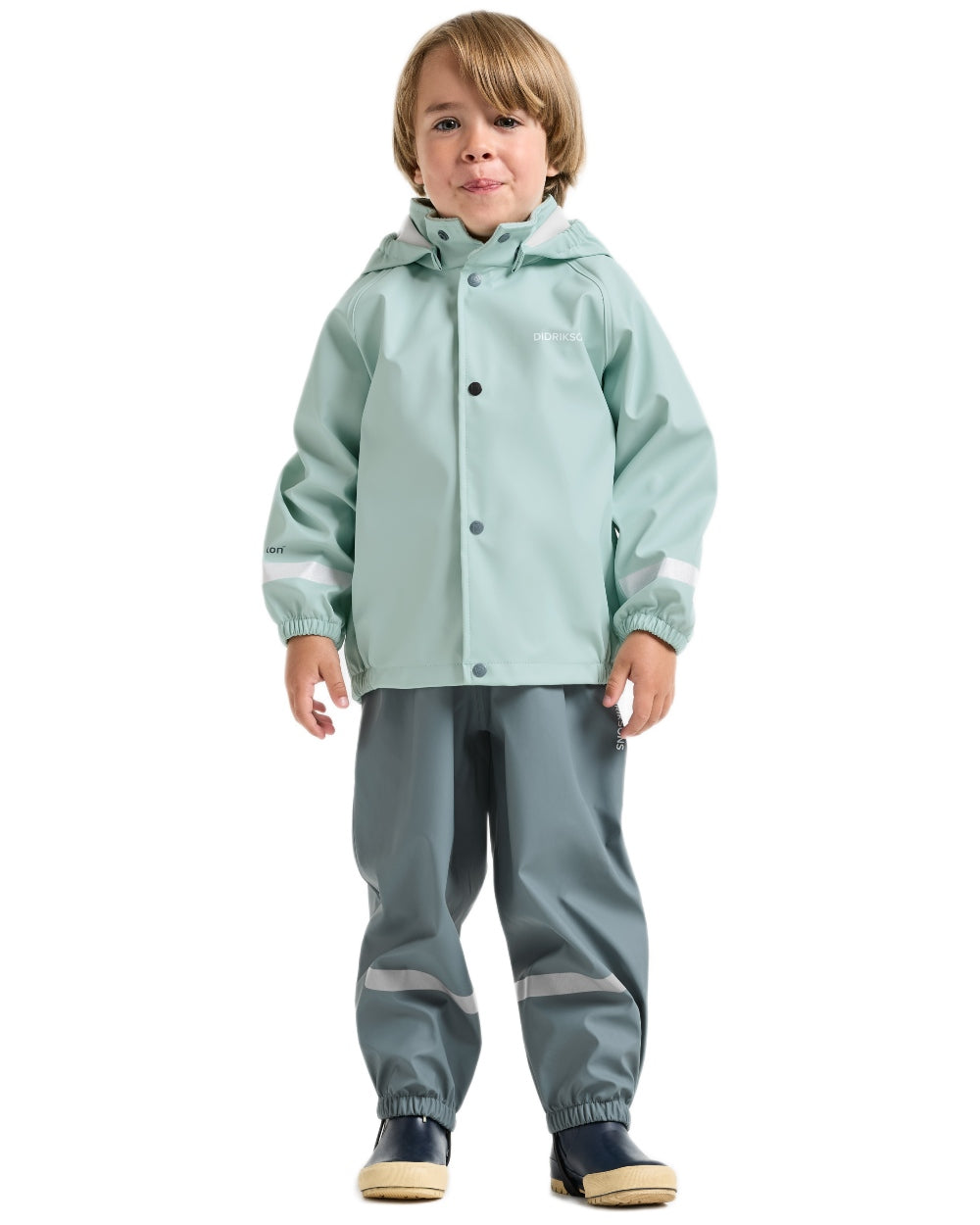 Ocean Mint coloured Didriksons Childrens Slaskeman Rain Set 2 on white background 